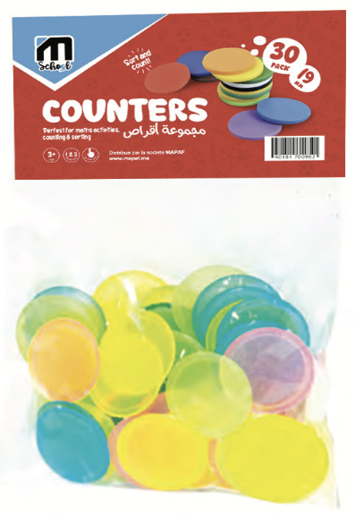 JETON POUR COMPTAGE 2,4CM 5 COULEURS SACHET 50 PCS