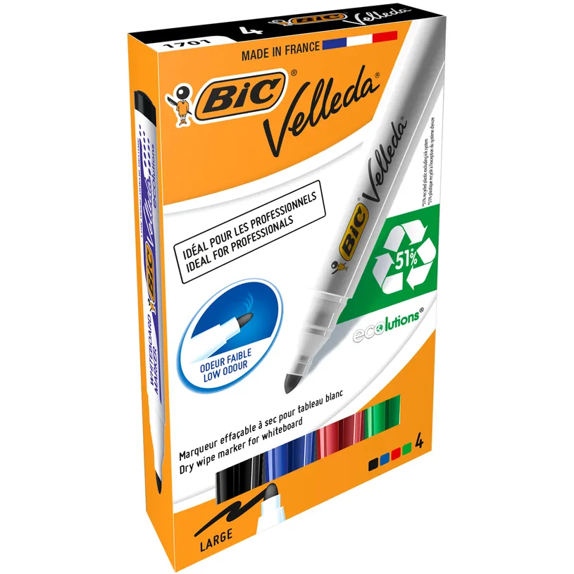 MARQUEUR EFFAÇABLE BIC VELLEDA POINTE OGIVE BTE 4 COULEURS