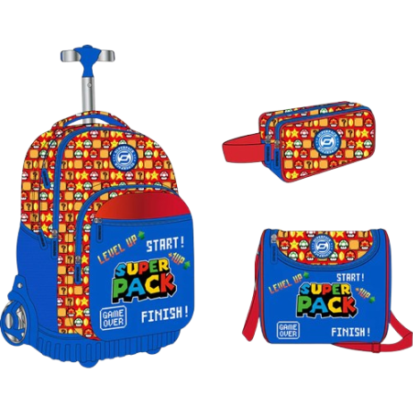 CARTABLE À ROULETTE TROULLEY+SAC GOUTER+ TROUSSE BLEU&ROUGE