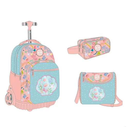 CARTABLE À ROULETTE TROULLEY+SAC GOUTER+ TROUSSE ROSE