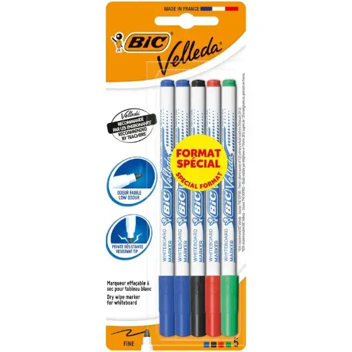 [3086123333697] Feutres Velleda Effaçable Pointe Fine Sachet de 5 Cl Bic