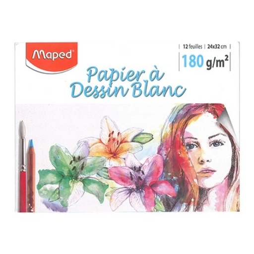 [6111250483766] POCHETTE DESSIN 12 FEUILLES BLANC 24*32 180G MAPED