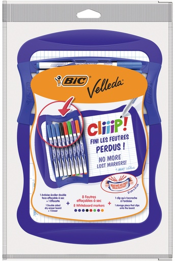 [3086123544208] ARDOISE BLANCHE DOUBLE FACE+ 8 FEUTRE BIC VELLEDA