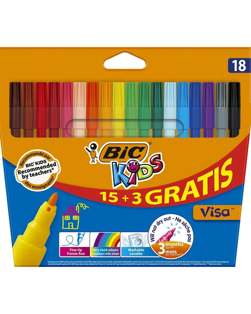 [3086123214859] FEUTRE COLORIAGE VISACOLOR POINTE FINE BIC POCHETTE 15+3 PCS BIC
