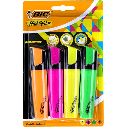 [3086123461314] FLUORESCENT FLAT HIGHLIGHTERS SACHET DE 4 BIC