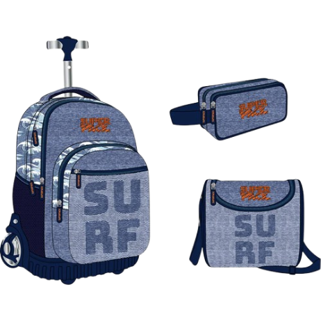 [7453119318970] CARTABLE À ROULETTE TROULLEY+SAC GOUTER+ TROUSSE BLEU CIEL