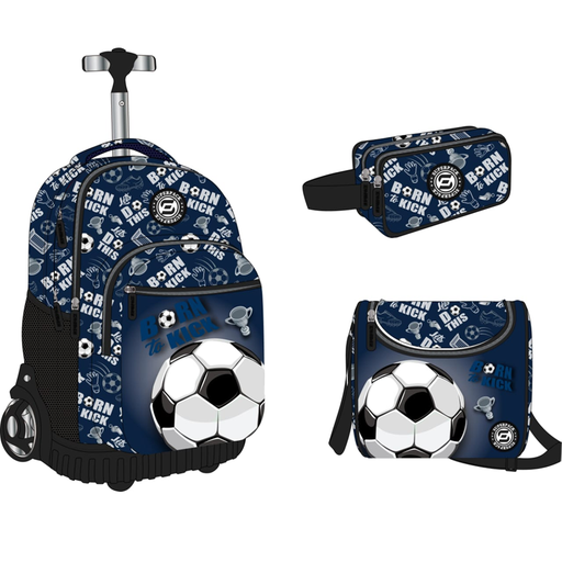 [7453119319052] CARTABLE À ROULETTE TROULLEY+SAC GOUTER+ TROUSSE BLEU FONCE&BLANC